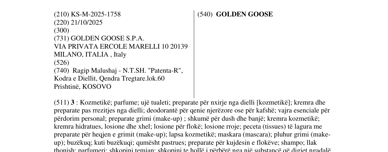 Zëri i markës GOLDEN GOOSE në buletin