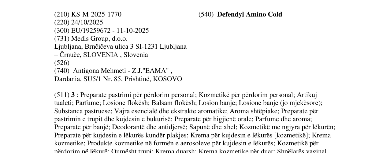 Zëri i markës Defendyl Amino Cold në buletin