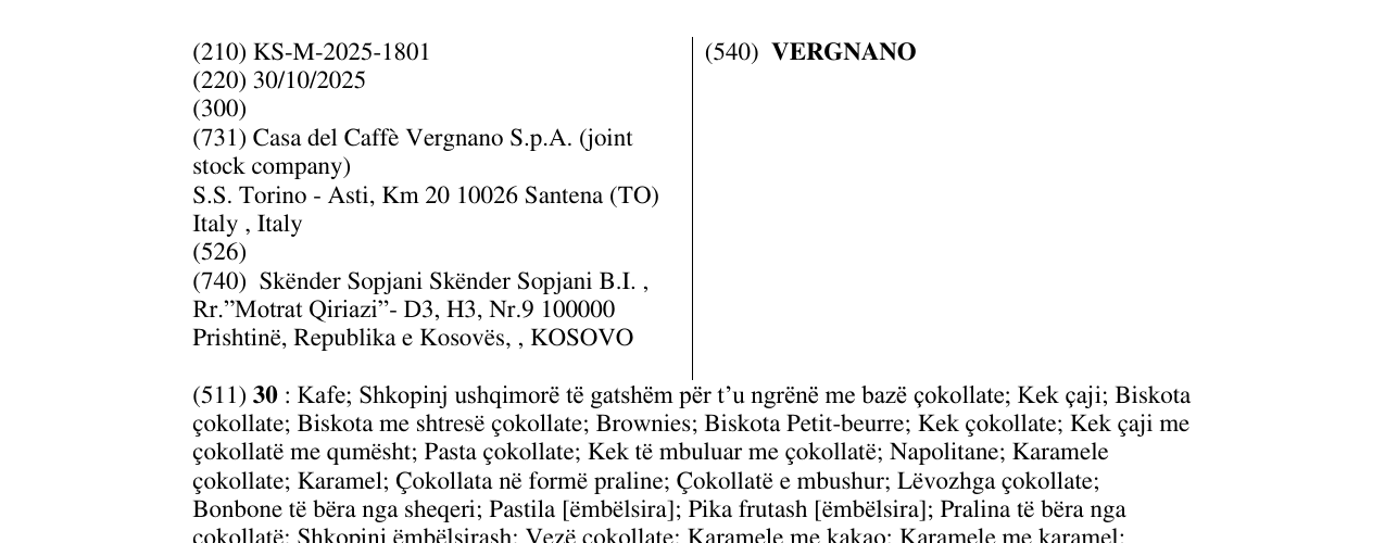 Zëri i markës VERGNANO në buletin