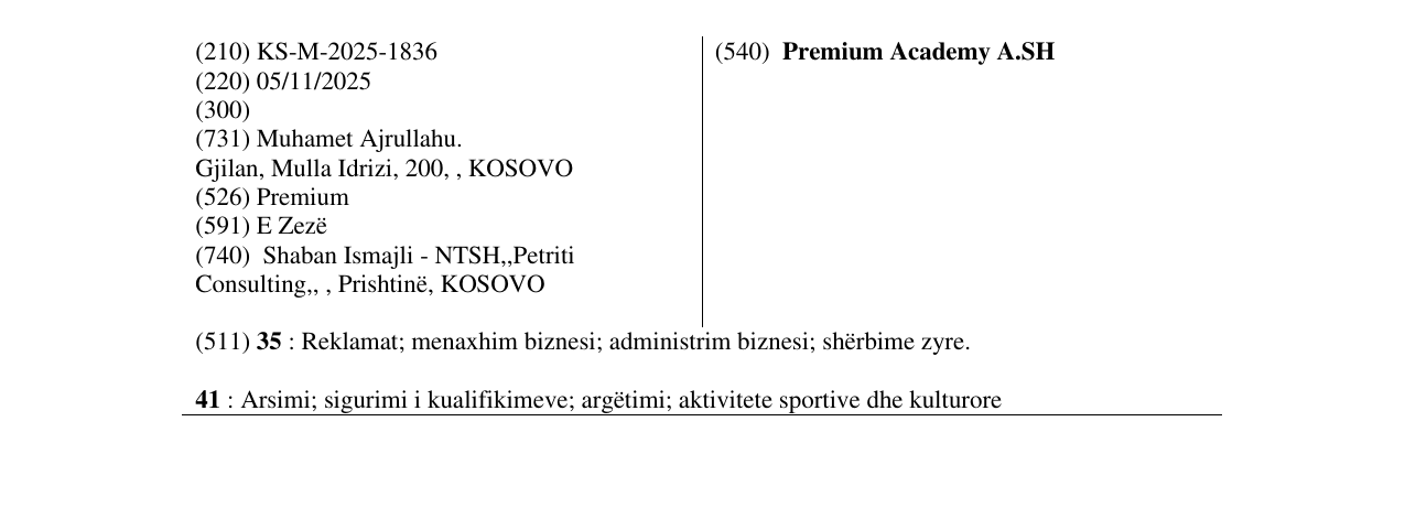Zëri i markës Premium Academy A.SH në buletin