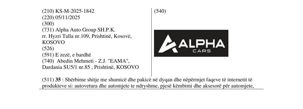 Zëri i markës ALPHA CARS në buletin