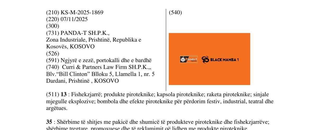 Zëri i markës BLACK MAMBA 1 në buletin