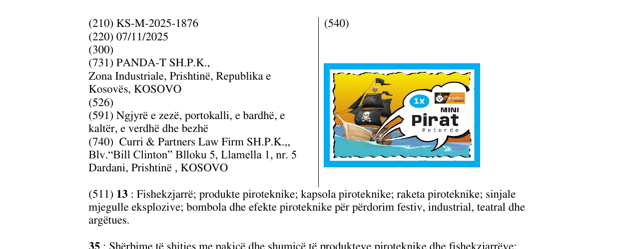 Zëri i markës PIRAT PETARDE në buletin