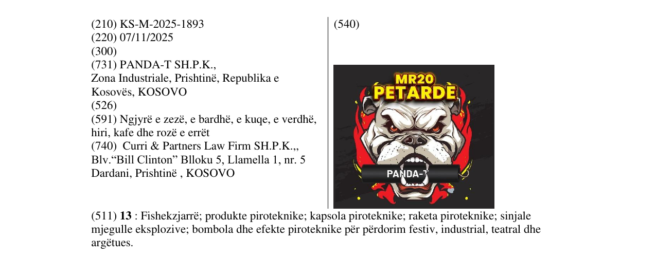 Zëri i markës MR20 PETARDE në buletin
