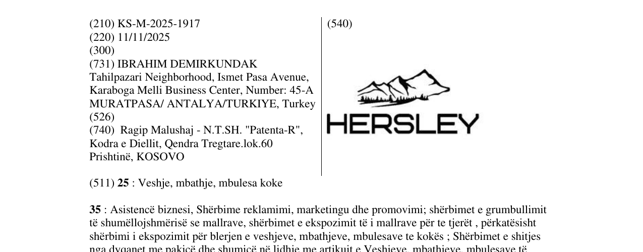 HERSLEY markasının bültendeki kaydı