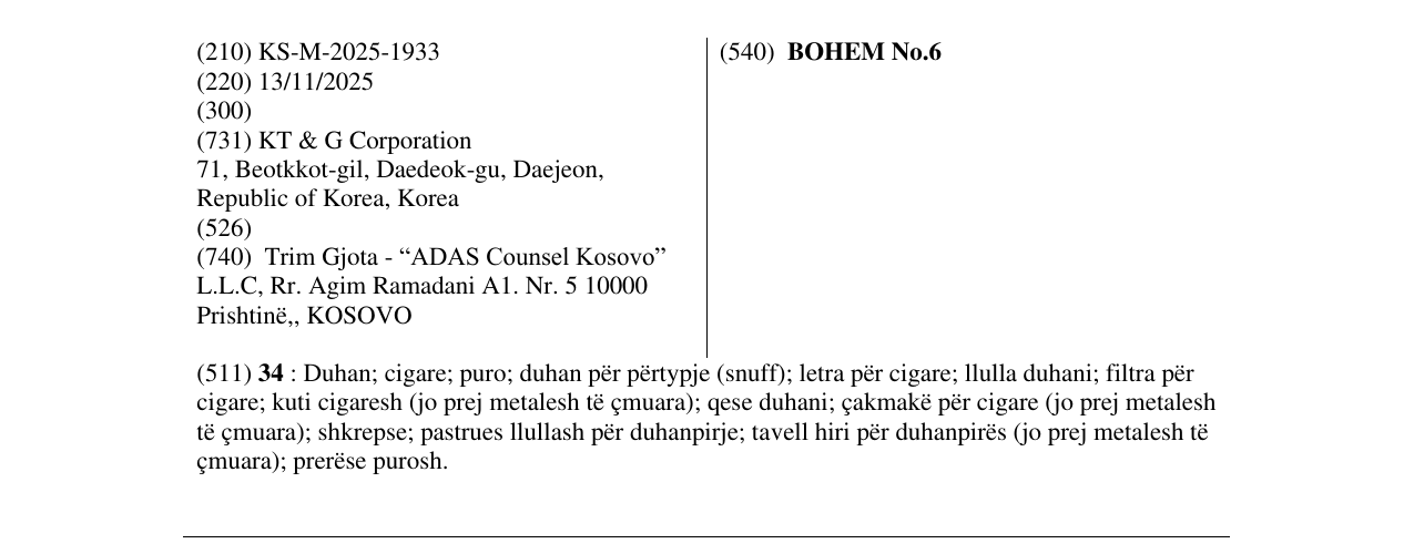 Zëri i markës BOHEM No.6 në buletin