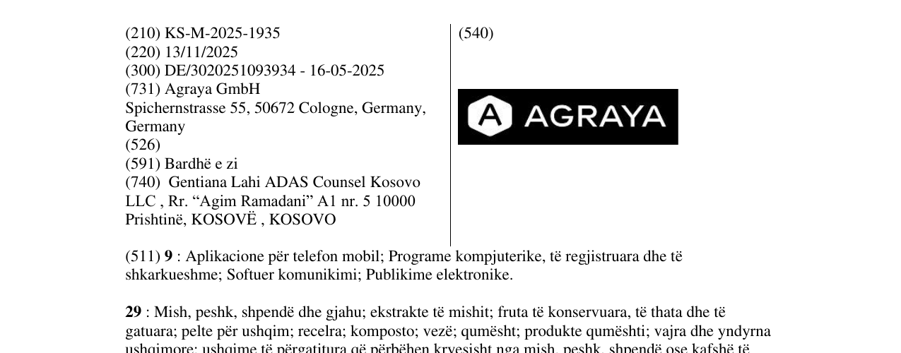 Zëri i markës A AGRAYA në buletin