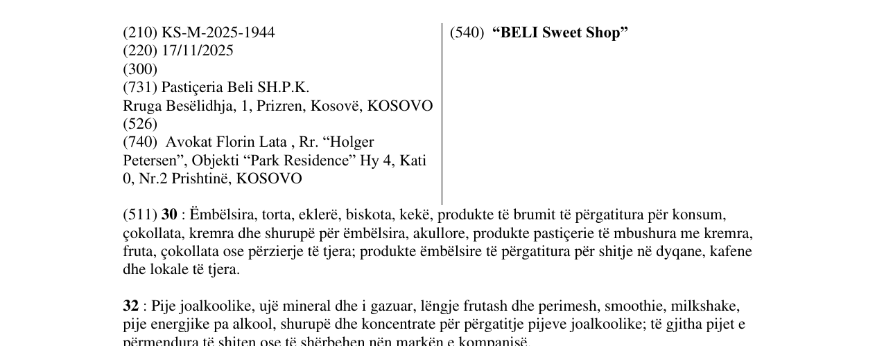 Zëri i markës “BELI Sweet Shop” në buletin
