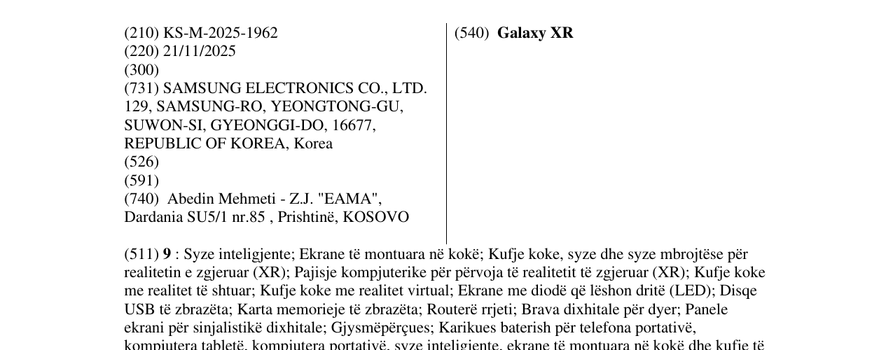 Zëri i markës Galaxy XR në buletin