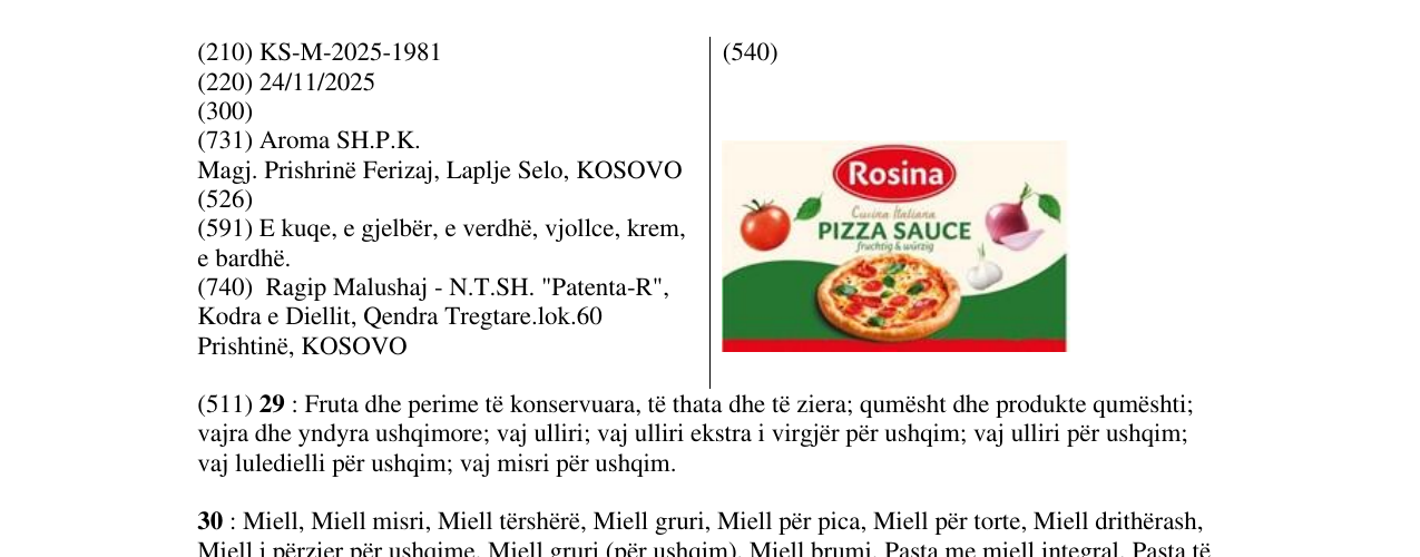 Zëri i markës Rosina në buletin