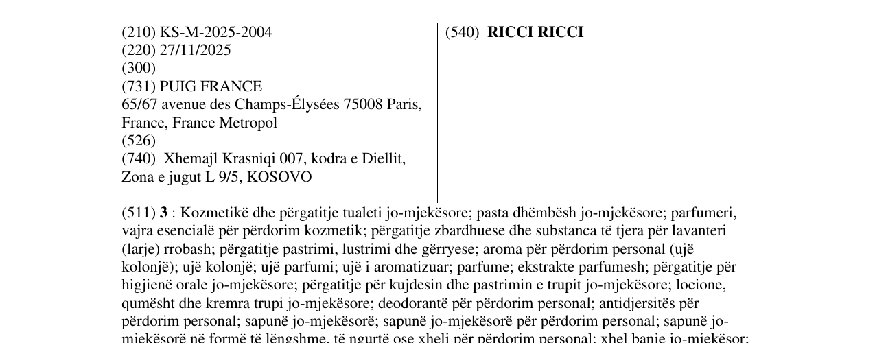 Zëri i markës RICCI RICCI në buletin