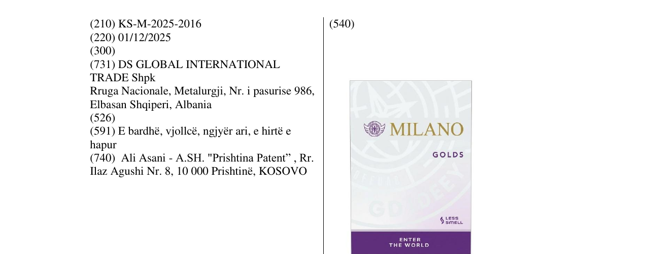 Zëri i markës MILANO GOLDS në buletin