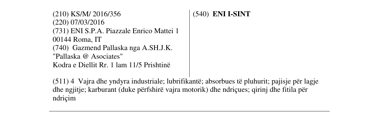 Zëri i markës ENI I-SINT në buletin