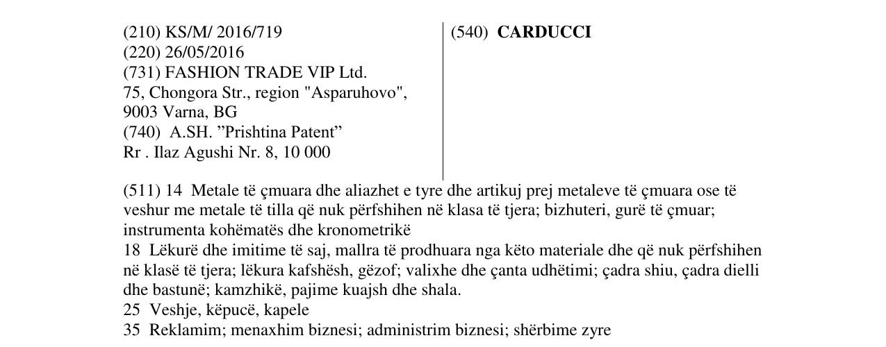 Zëri i markës CARDUCCI në buletin