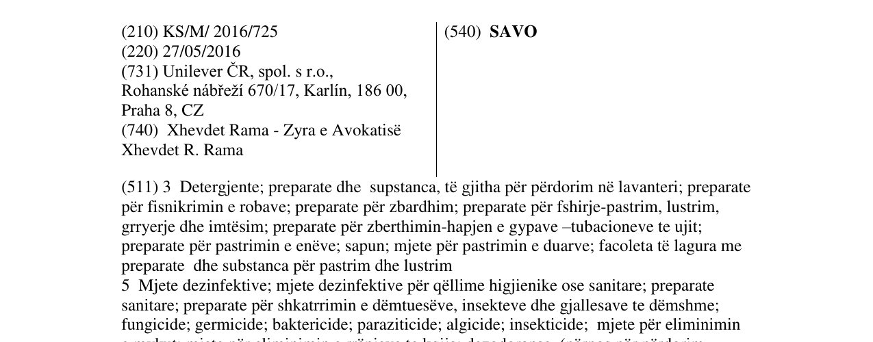 The entry of the trademark SAVO in the bulletin
