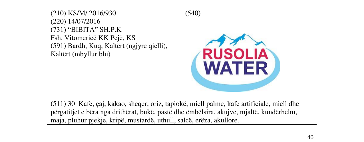 Zëri i markës RUSOLIA WATER në buletin