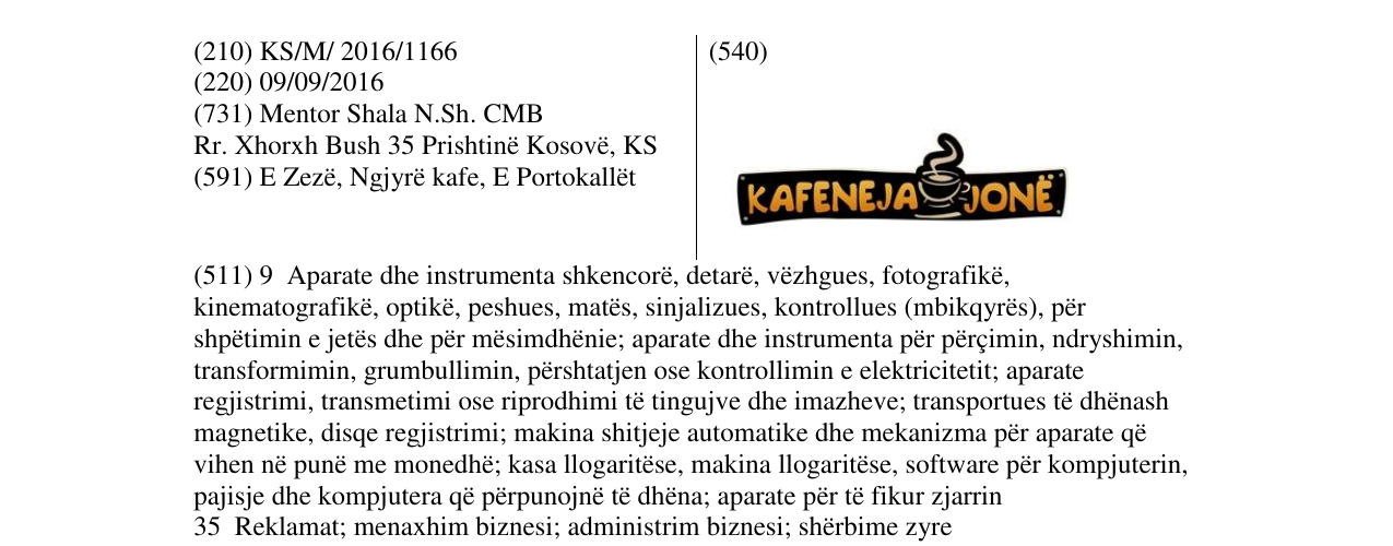 Zëri i markës KAFENEJA JONË në buletin