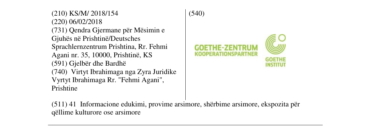 Der Eintrag der Marke GOETHE - ZENTRUM KOOPERATIONSPARTNER im Bulletin