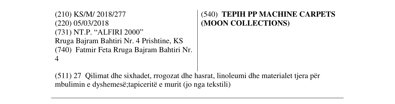 Zëri i markës TEPIH PP MACHINE CARPETS (MOON COLLECTIONS) në buletin