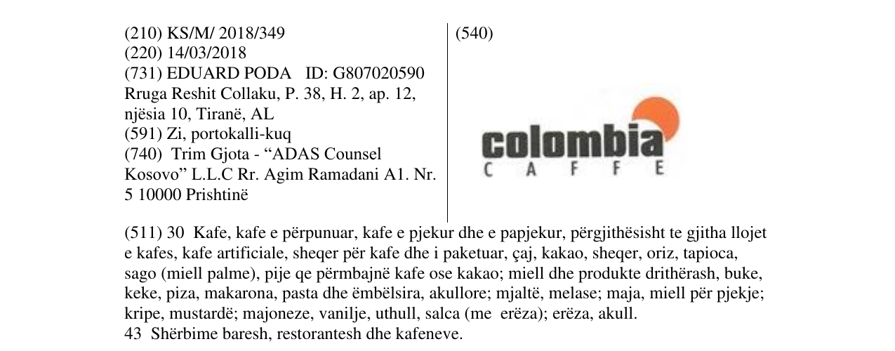 Zëri i markës colombia C A F F E në buletin