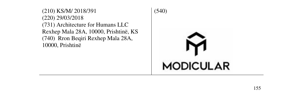 The entry of the trademark MODICULAR in the bulletin