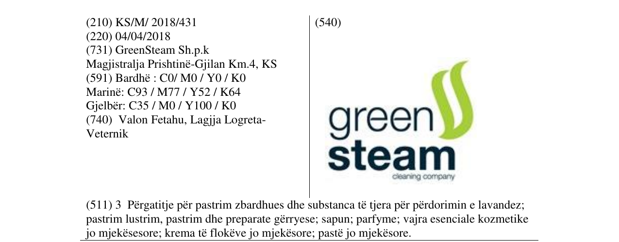 Der Eintrag der Marke Green Steam im Bulletin