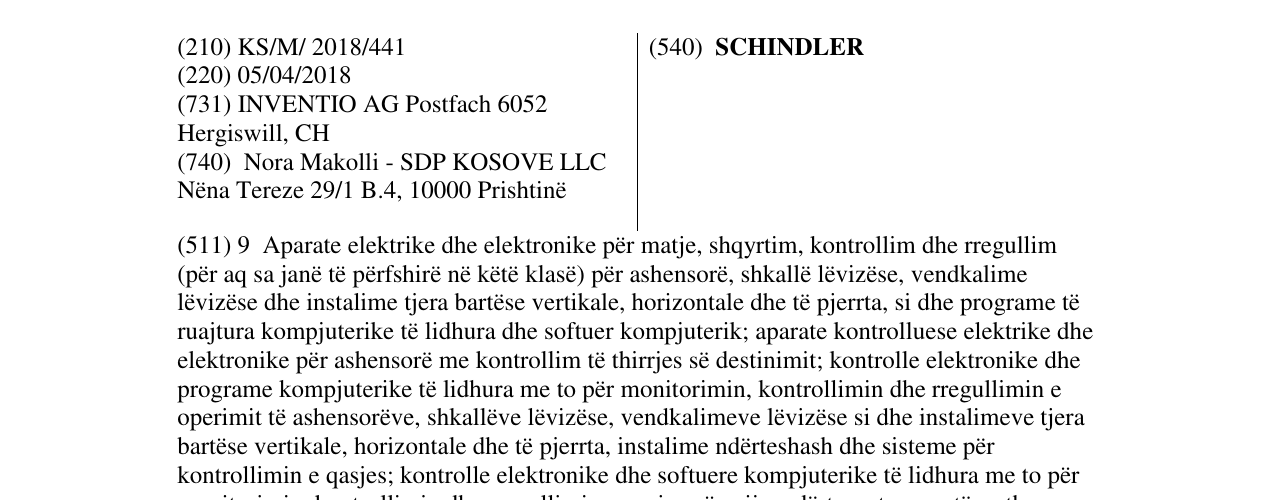 Zëri i markës SCHINDLER në buletin