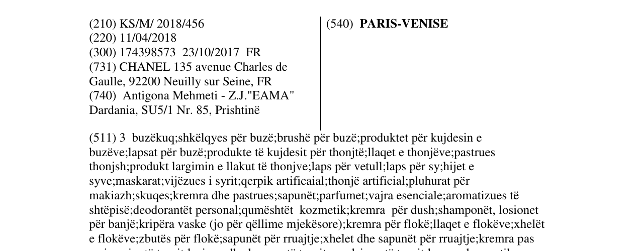 Zëri i markës PARIS-VENISE në buletin