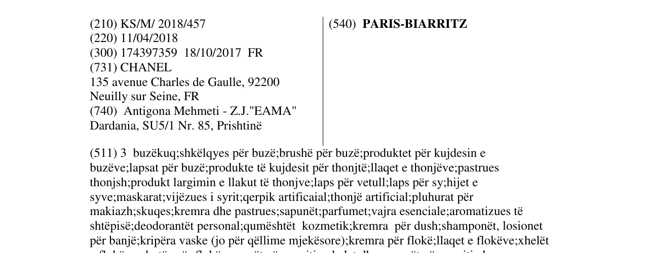 Zëri i markës PARIS-BIARRITZ në buletin