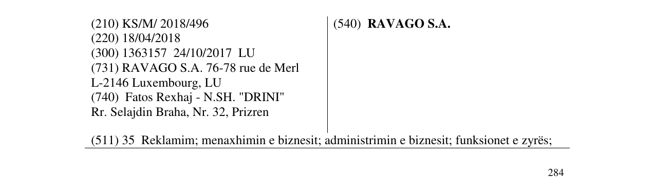 Zëri i markës RAVAGO S.A. në buletin