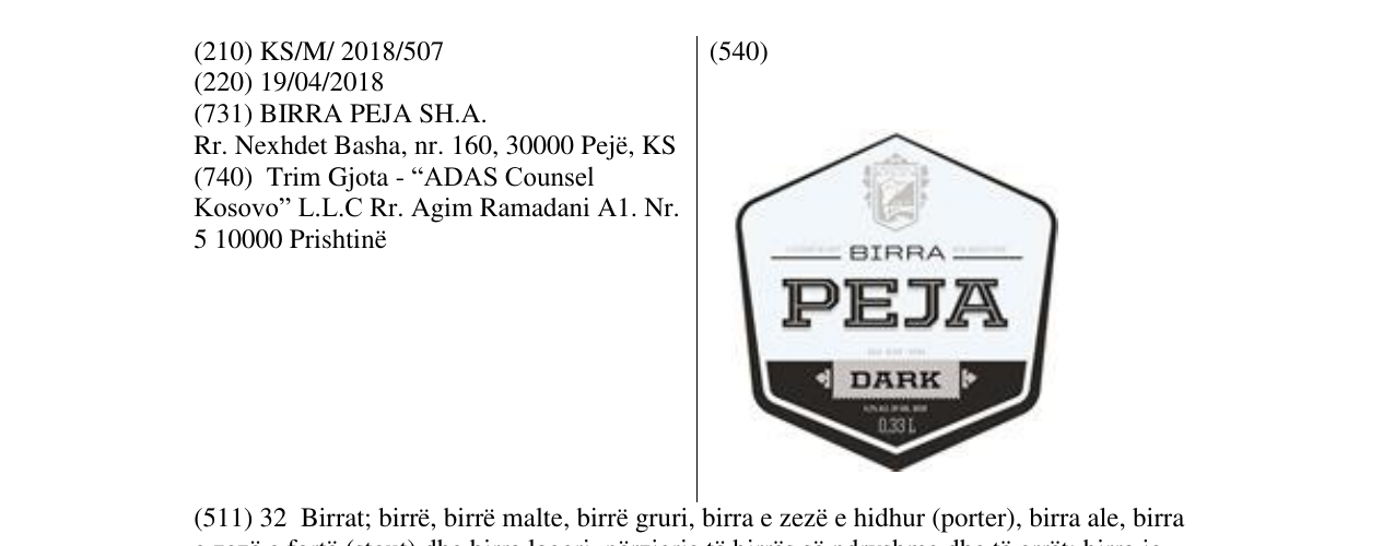 Zëri i markës BIRRA PEJA DARK në buletin