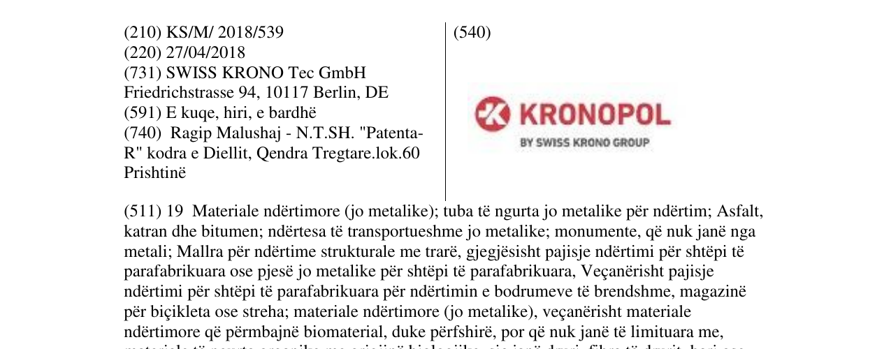 Zëri i markës KRONOPOL BY SWISS KRONO GROUP në buletin