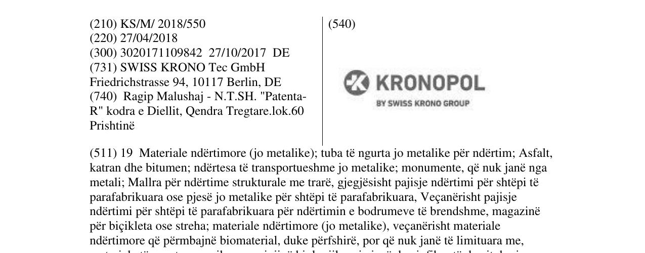 Zëri i markës KRONOPOL BY SWISS KRONO GROUP në buletin