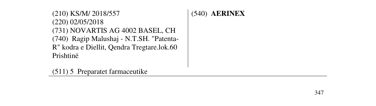 Zëri i markës AERINEX në buletin
