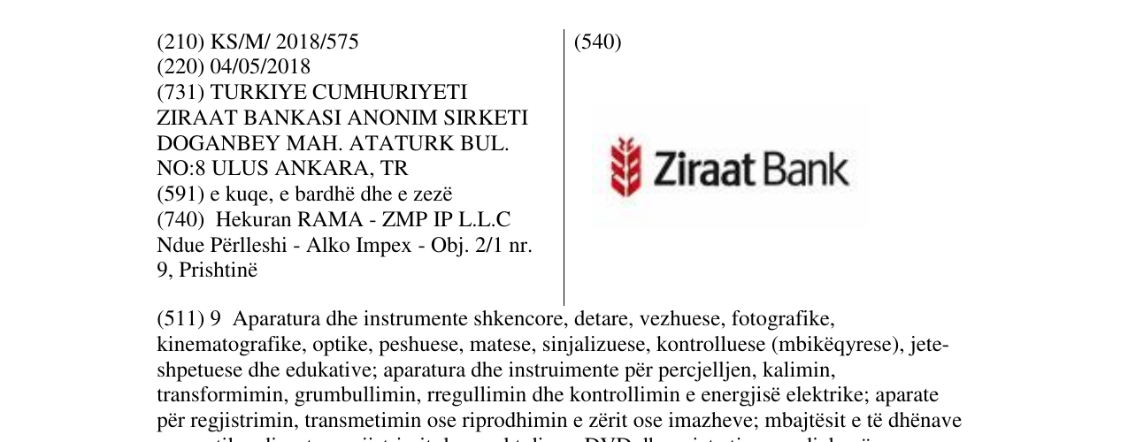 Zëri i markës Ziraat Bank në buletin