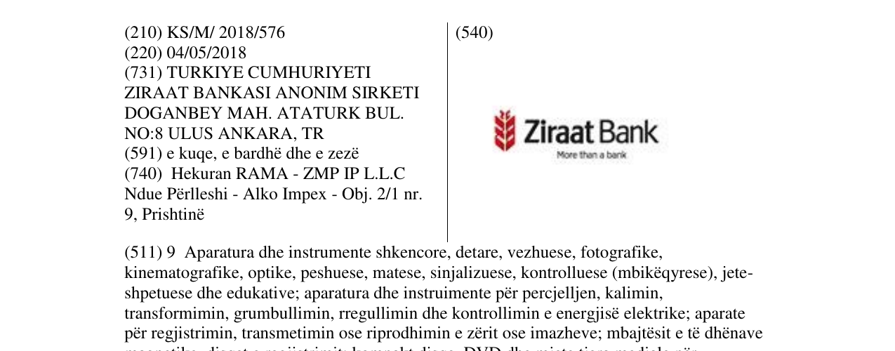 Zëri i markës Ziraat Bank në buletin
