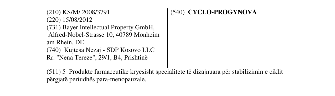 Zëri i markës CYCLO-PROGYNOVA në buletin