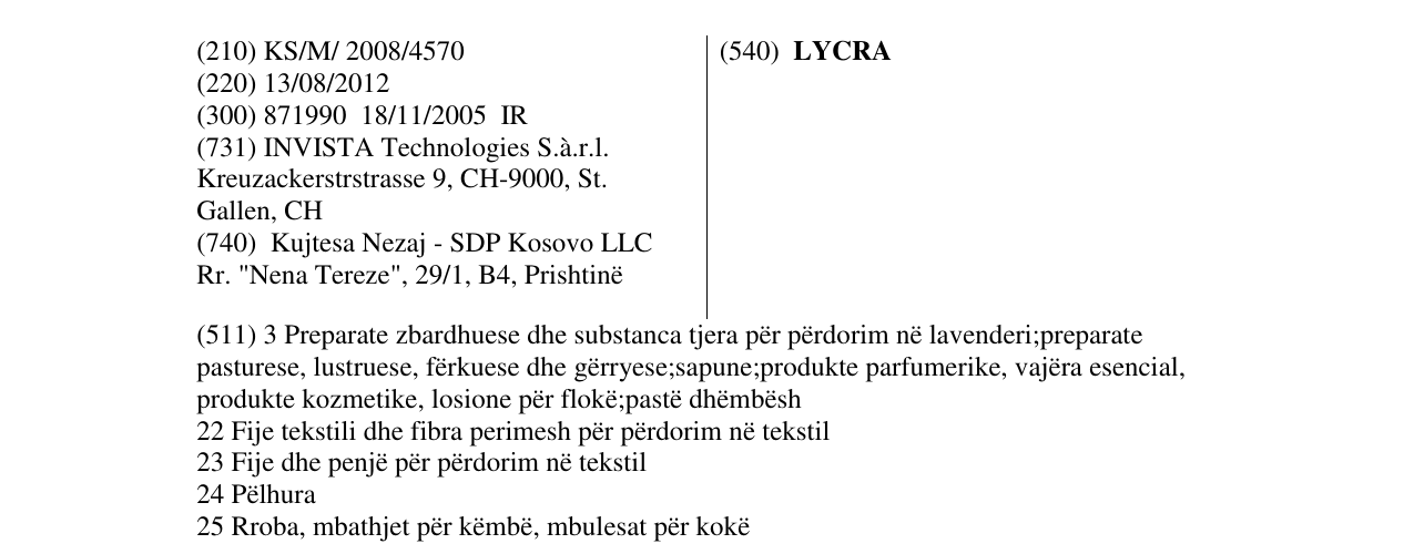 Zëri i markës LYCRA në buletin
