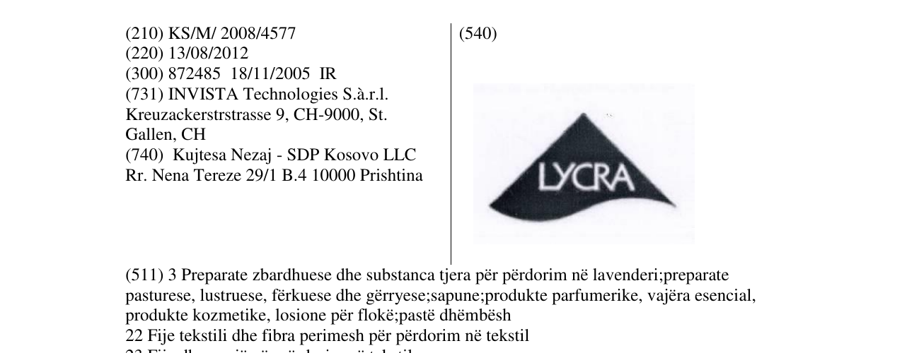 Zëri i markës LYCRA në buletin