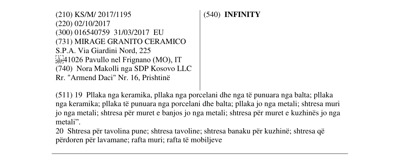 Zëri i markës INFINITY në buletin