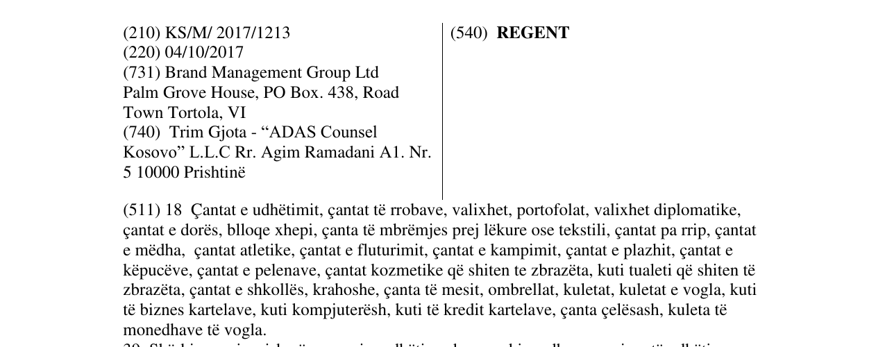 Zëri i markës REGENT në buletin