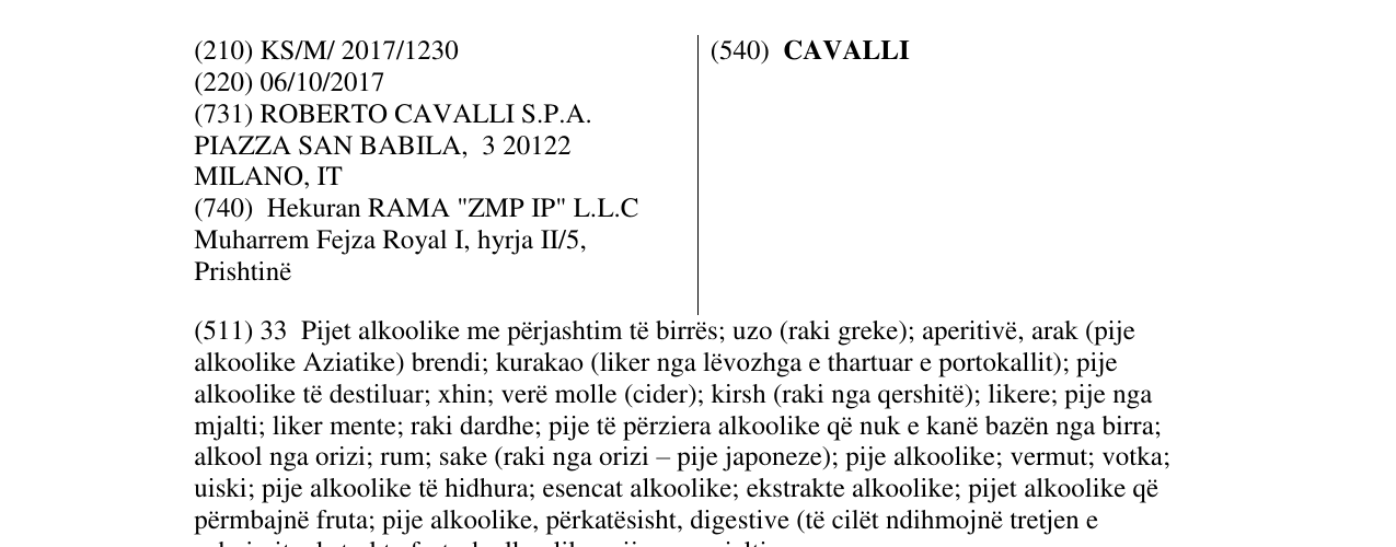 Zëri i markës CAVALLI në buletin