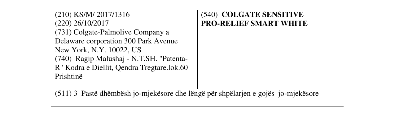Zëri i markës COLGATE SENSITIVE PRO-RELIEF SMART WHITE në buletin