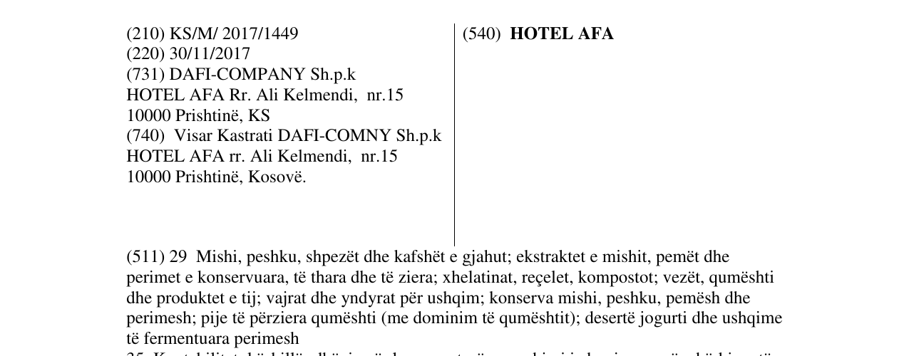 Zëri i markës HOTEL AFA në buletin