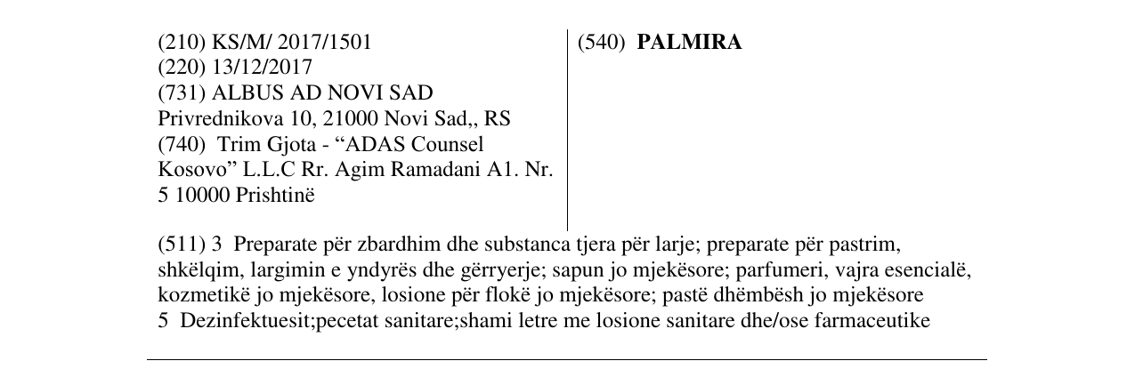 Zëri i markës PALMIRA në buletin