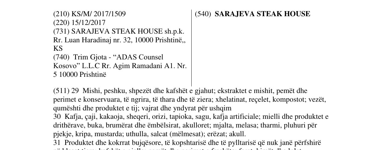Zëri i markës SARAJEVA STEAK HOUSE në buletin