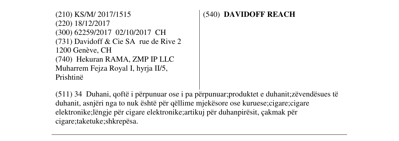 Zëri i markës DAVIDOFF REACH në buletin