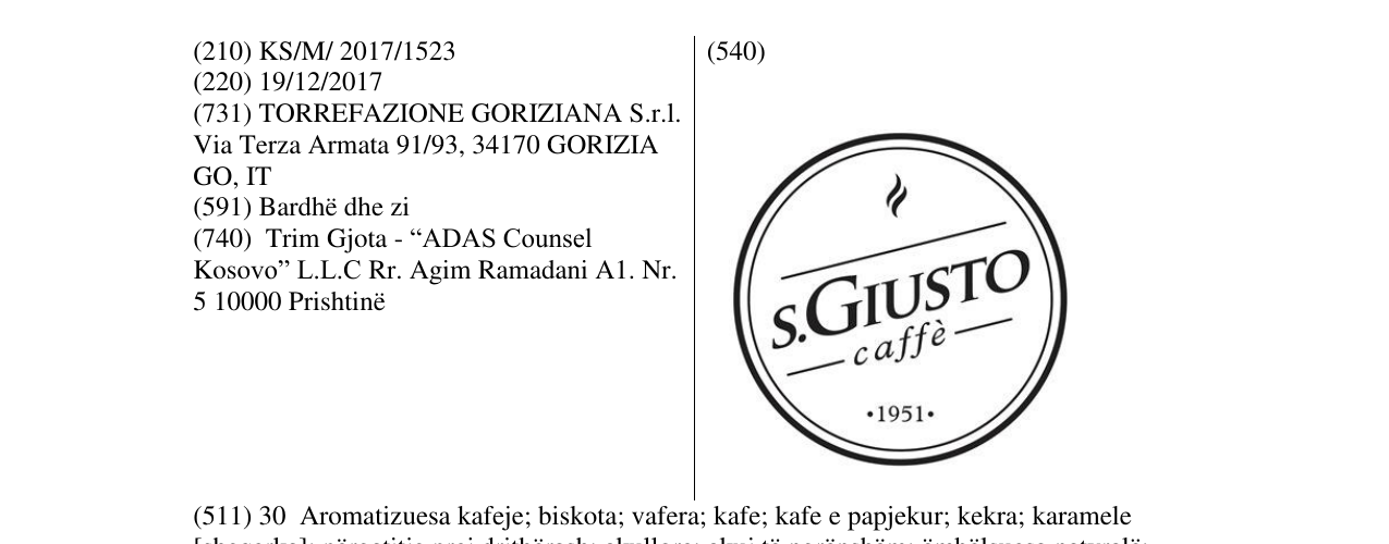 Zëri i markës s.GIUSTO caffe në buletin