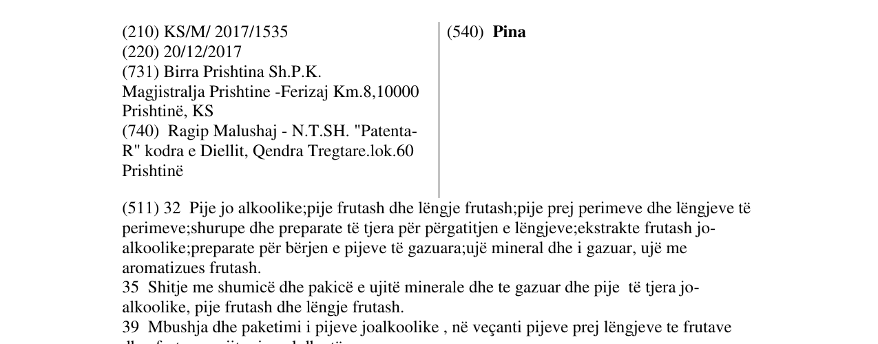 Zëri i markës Pina në buletin