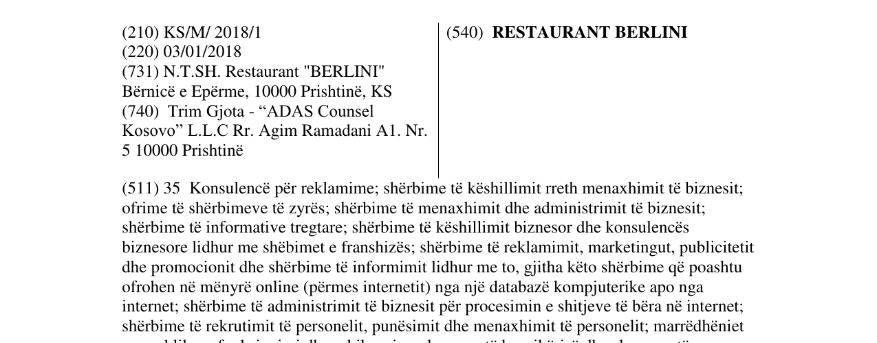 Zëri i markës RESTAURANT BERLINI në buletin